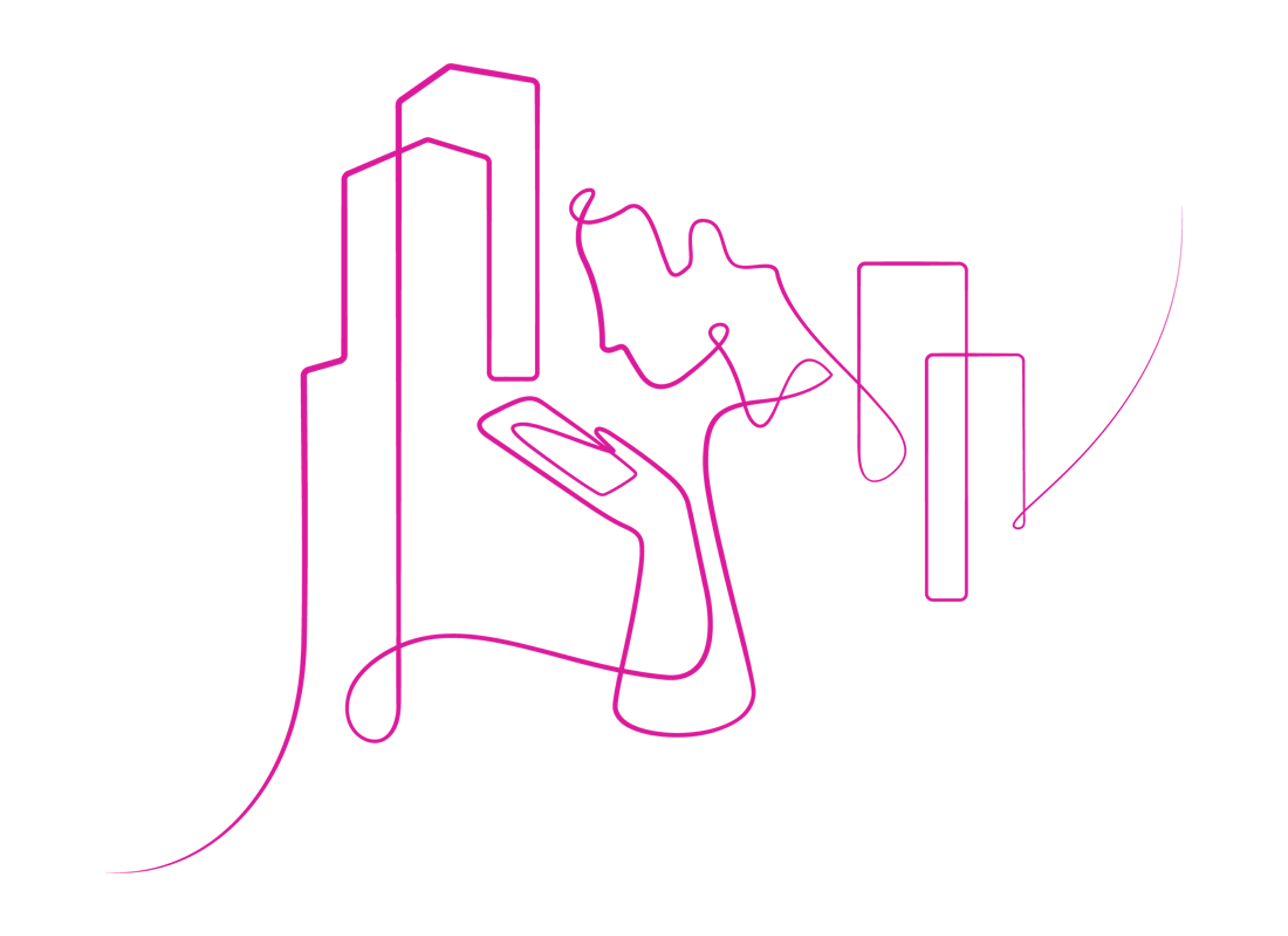 Illustration showing a silhouette of a person using their phone, with skyscrapers in the distance